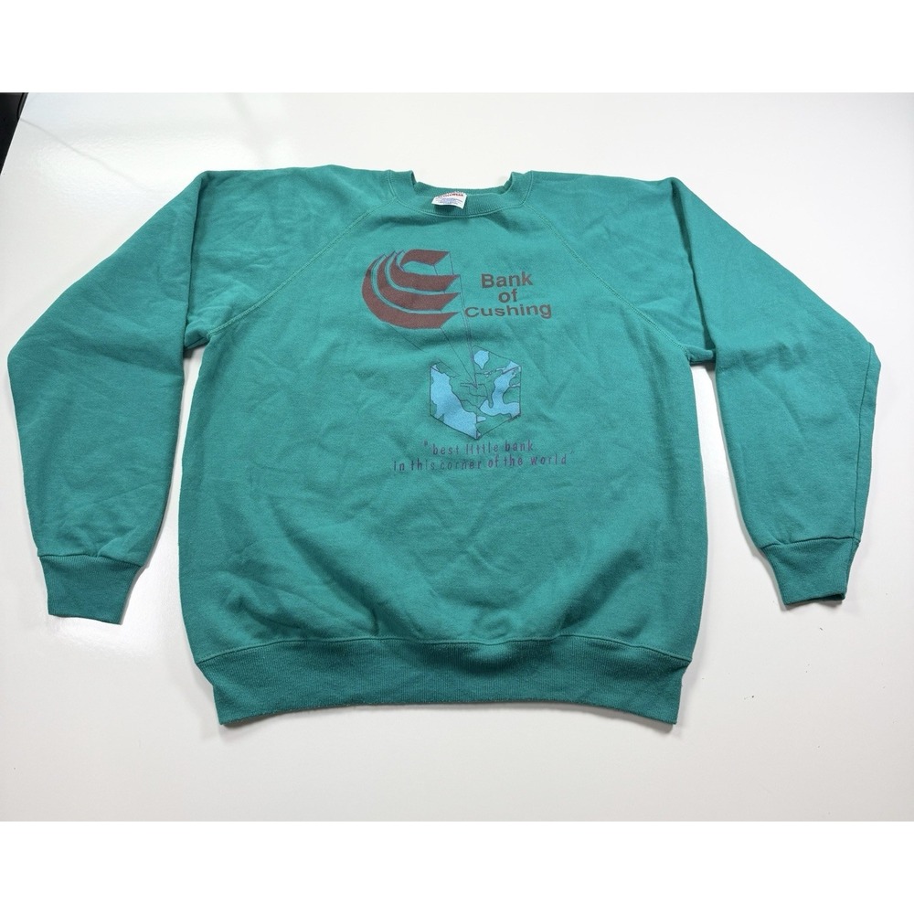 Vintage 80s Green Hanes Sweatshirt Bank Of‎ Cushing USA MadeXL Crewneck Pullover